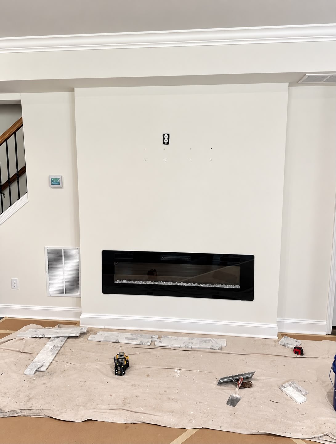 Basement fireplace feature wall before the stone installation